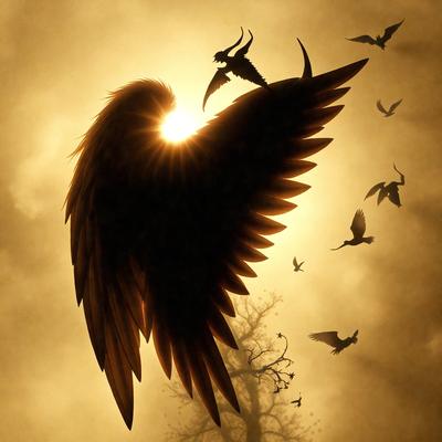 The primary subject of the image is a large, dark bird with a long beak, which appears to be an angel or a demon. The bird is perched on a tree branch, surrounded by a flock of birds flying around it. The setting is a dark, foggy environment, which adds to the mysterious and dramatic atmosphere of the scene. The visual style of the image is a combination of photo and digital art, creating a unique and captivating image. The dominant colors are dark and muted, with the bird